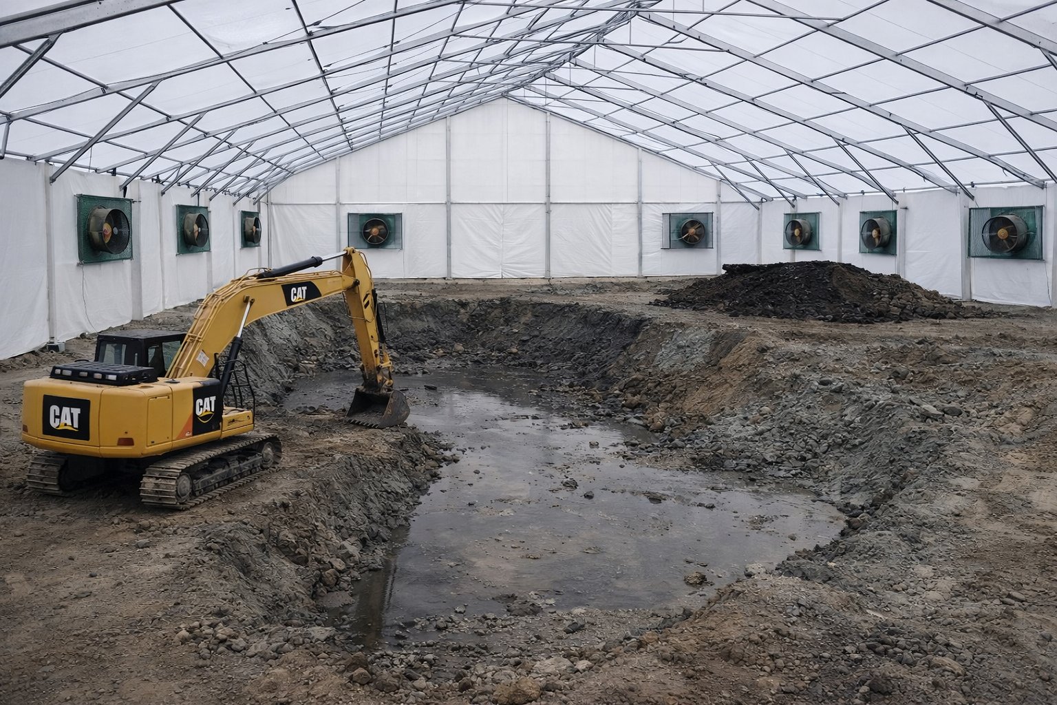 Bâtiment modulaire pour traitement des sols pollués avec excavation intérieure et pelle mécanique pour dépollution des terres contaminées